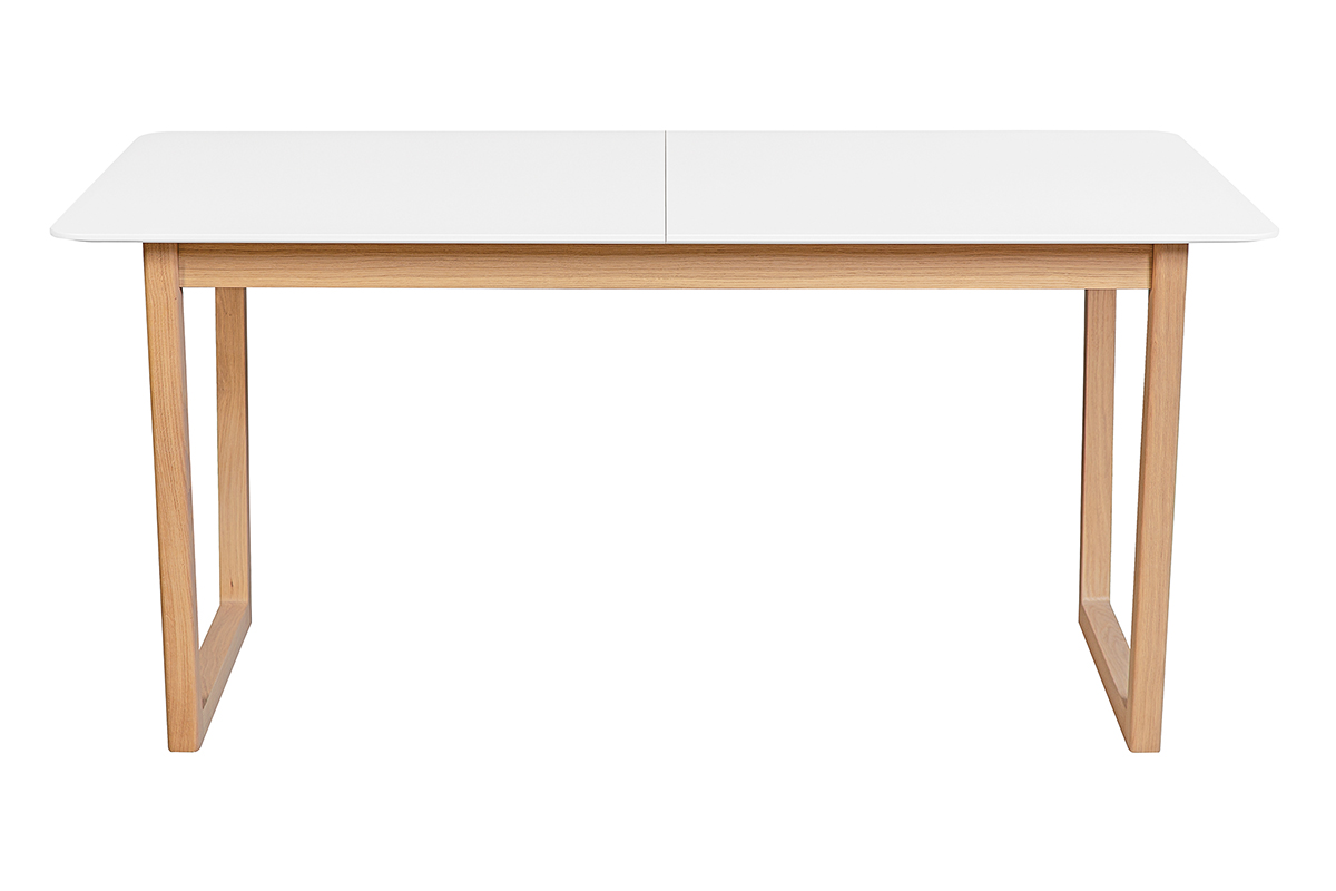 Table à manger extensible rectangulaire rallonges intégrées finition blanc et bois clair chêne massif L160-240 cm LAHO