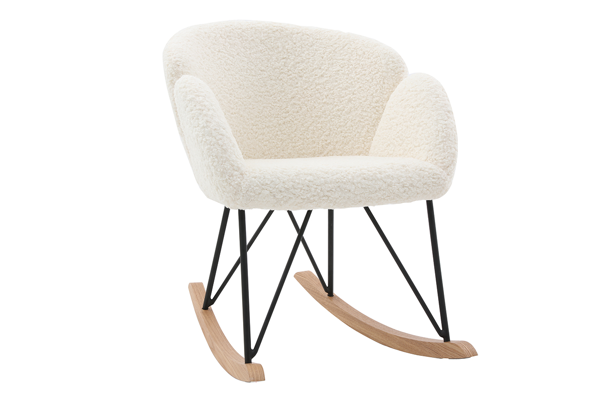 Rocking chair en tissu effet peau de mouton blanc, métal noir et bois clair RHAPSODY