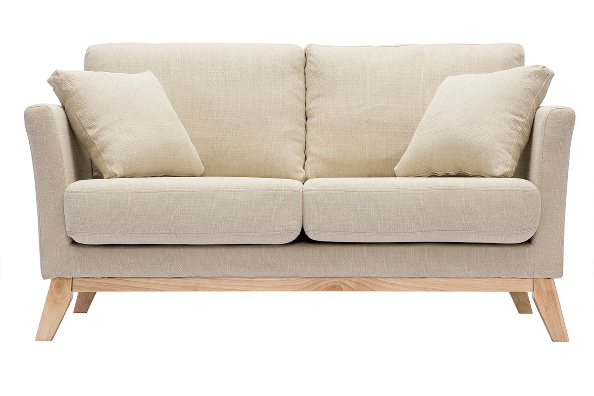 Canapé scandinave déhoussable 2 places en tissu beige et bois clair OSLO