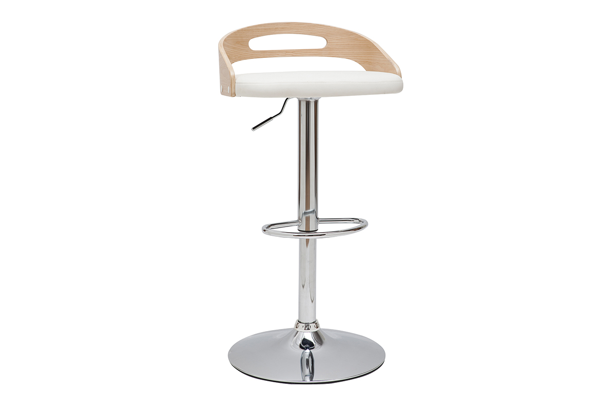 Tabouret de bar réglable design blanc et bois clair MANO