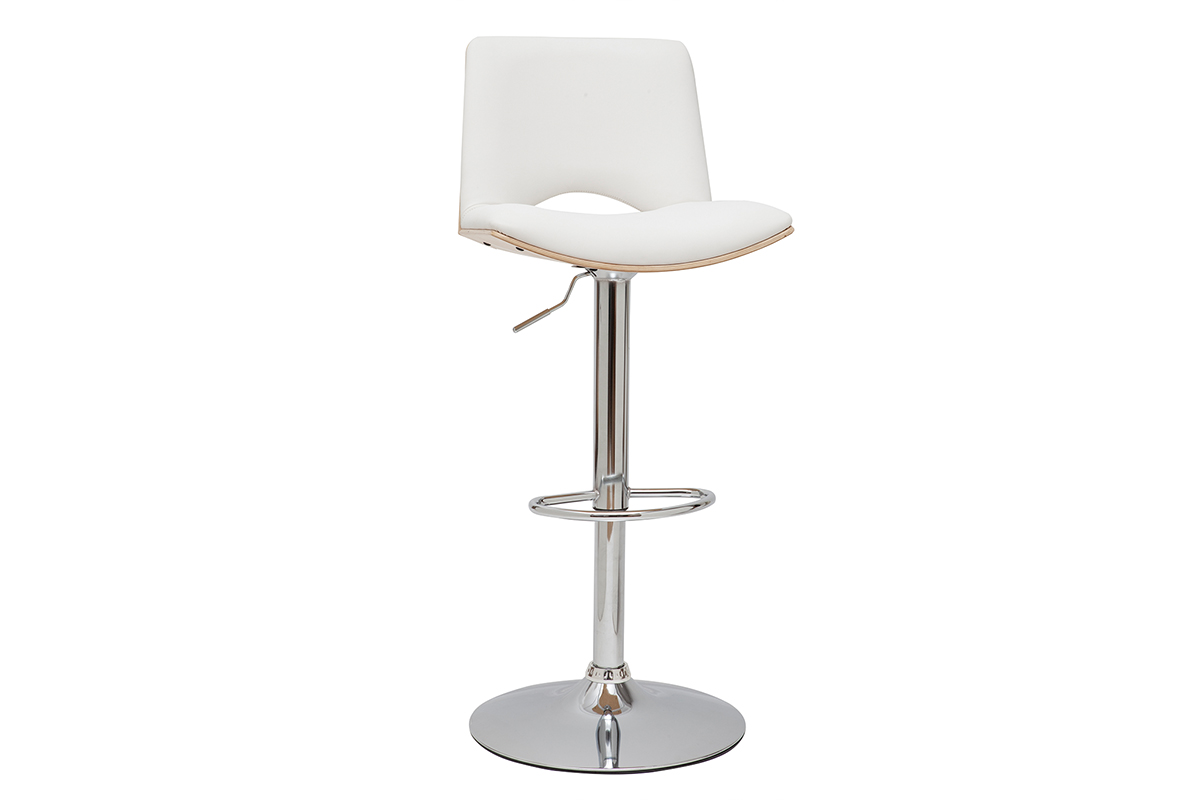 Tabouret de bar design réglable blanc et bois clair PANACH