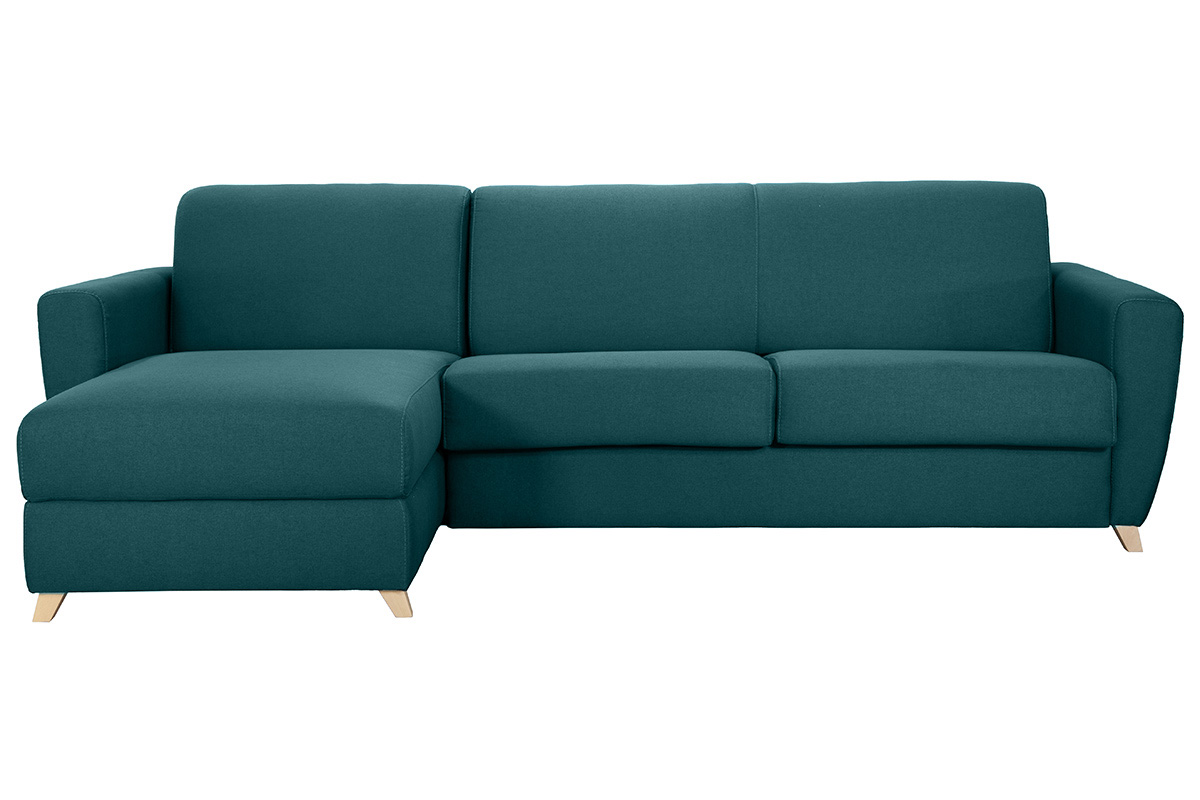 Canapé d'angle convertible réversible avec coffre 4 places en tissu bleu canard et bois clair GRAHAM