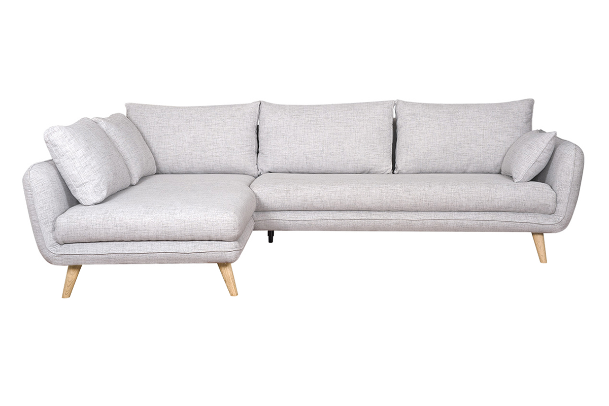Canapé d'angle gauche scandinave 5 places en tissu gris clair chiné et bois clair CREEP