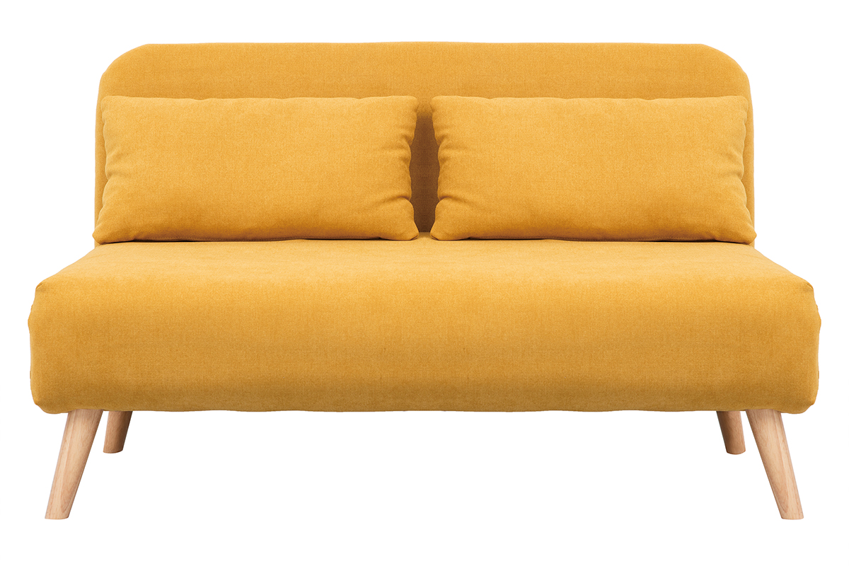 Chauffeuse 2 places convertible en tissu effet velours moutarde et bois clair AMIKO