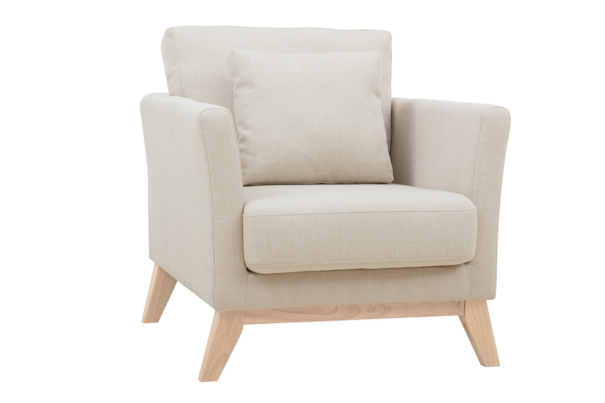 Fauteuil scandinave déhoussable en tissu beige et bois clair OSLO