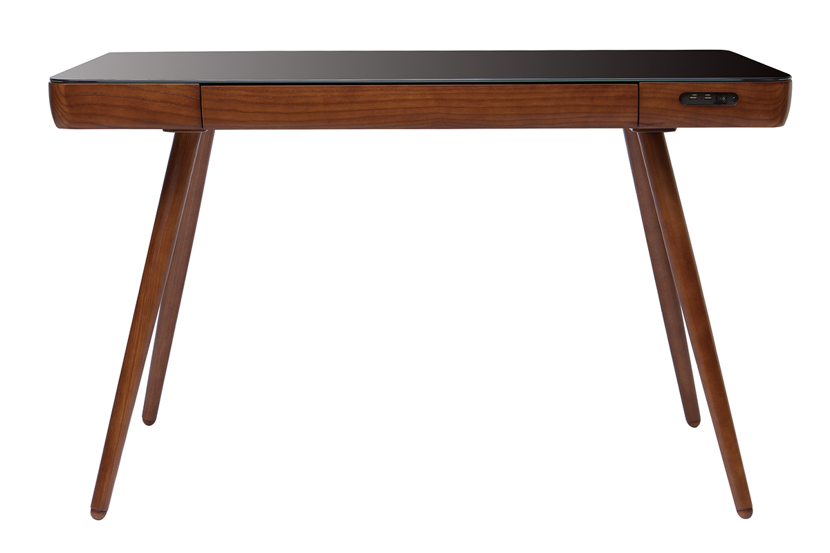 Bureau connecté multimédia avec tiroir en verre noir et bois foncé noyer L120 cm CLEVER