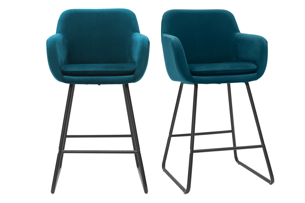 Taburetes de bar en tejido efecto terciopelo azul petróleo A65 cm (lote de 2) AMIKA