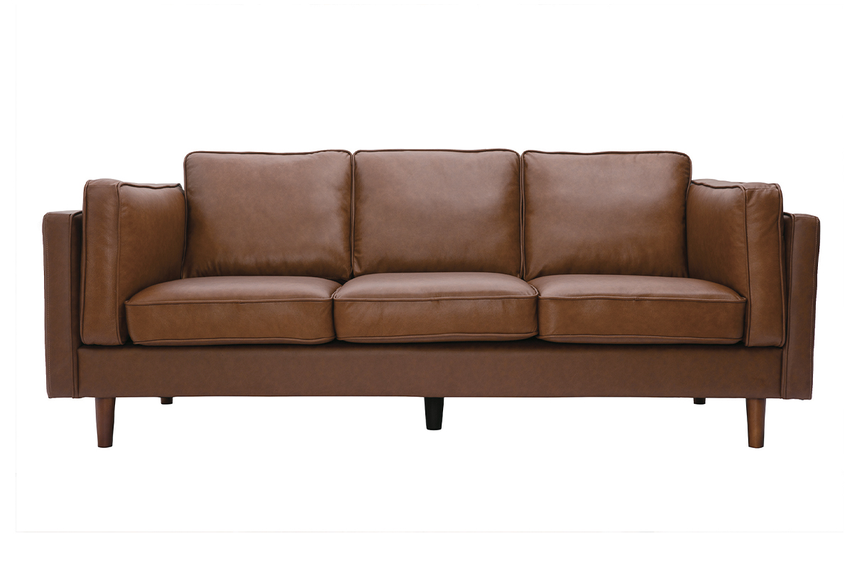 Canapé vintage 3 places cuir marron et bois foncé BRADLEY