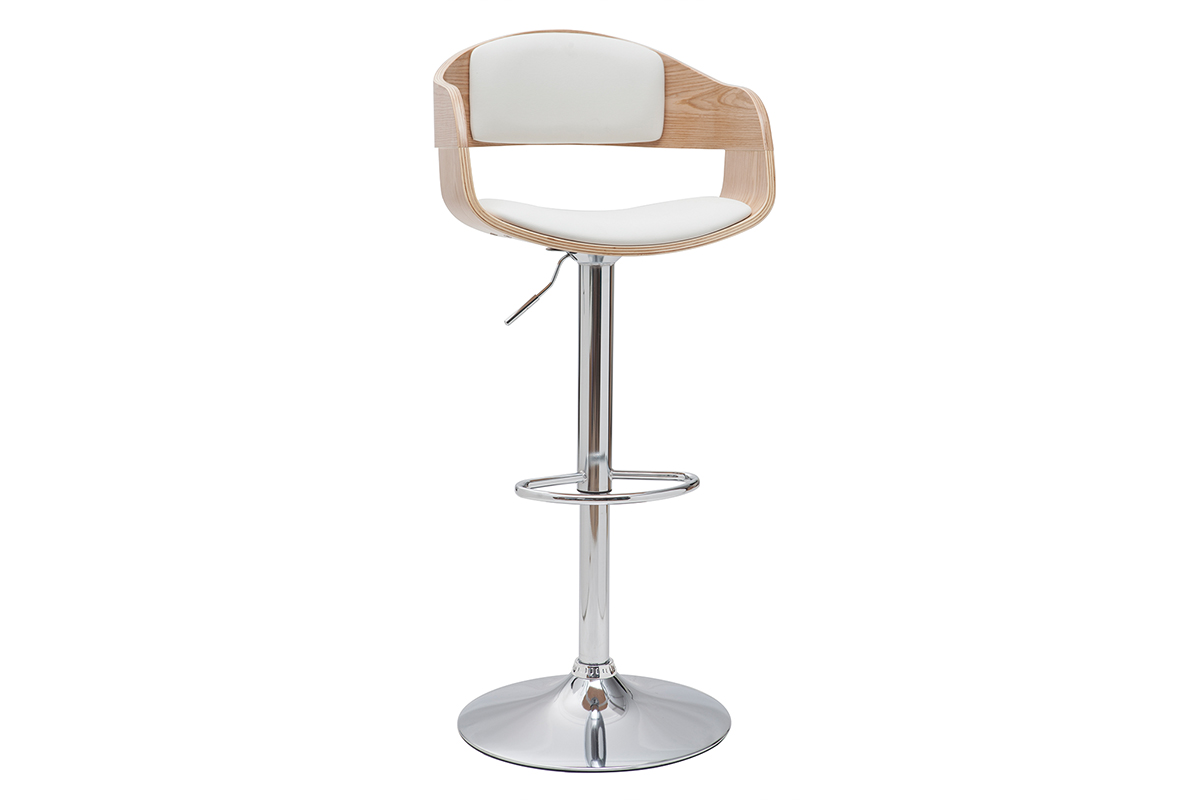 Tabouret de bar design réglable blanc et bois clair EUSTACHE