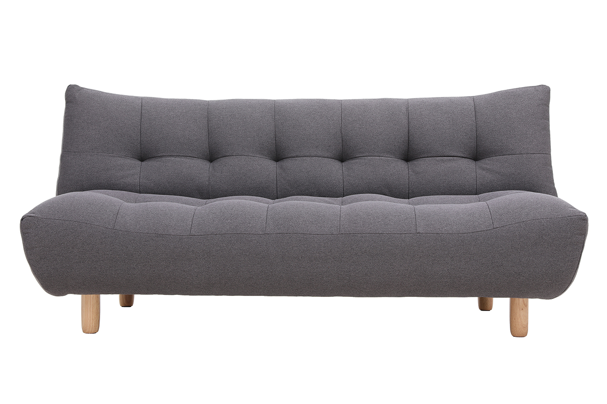 Canapé convertible scandinave 3 places en tissu gris foncé et bois clair YUMI