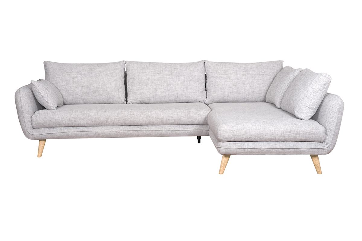 Canapé d'angle droit scandinave 5 places en tissu gris clair chiné et bois clair CREEP