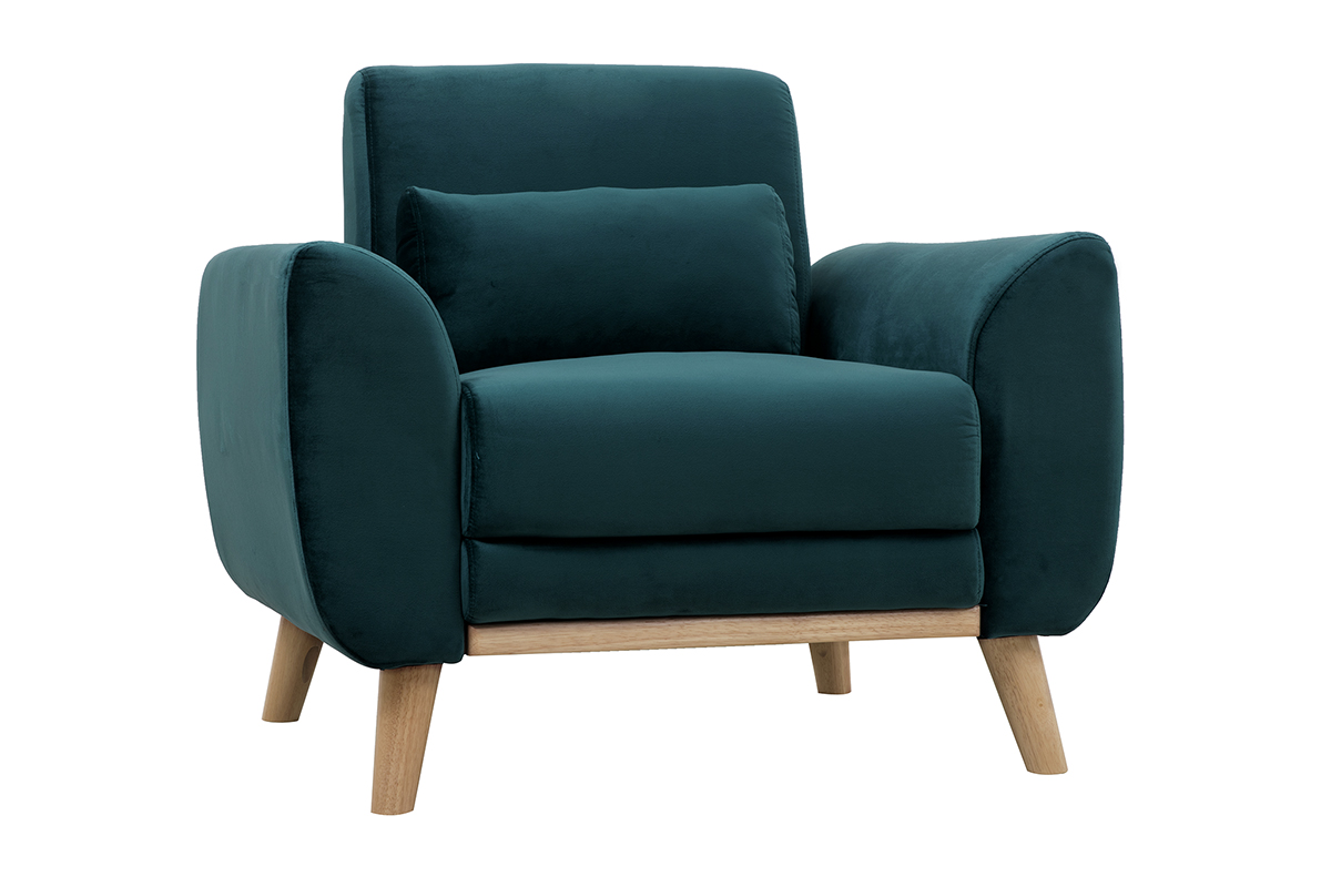 Fauteuil scandinave en tissu velours bleu pétrole et bois clair EKTOR