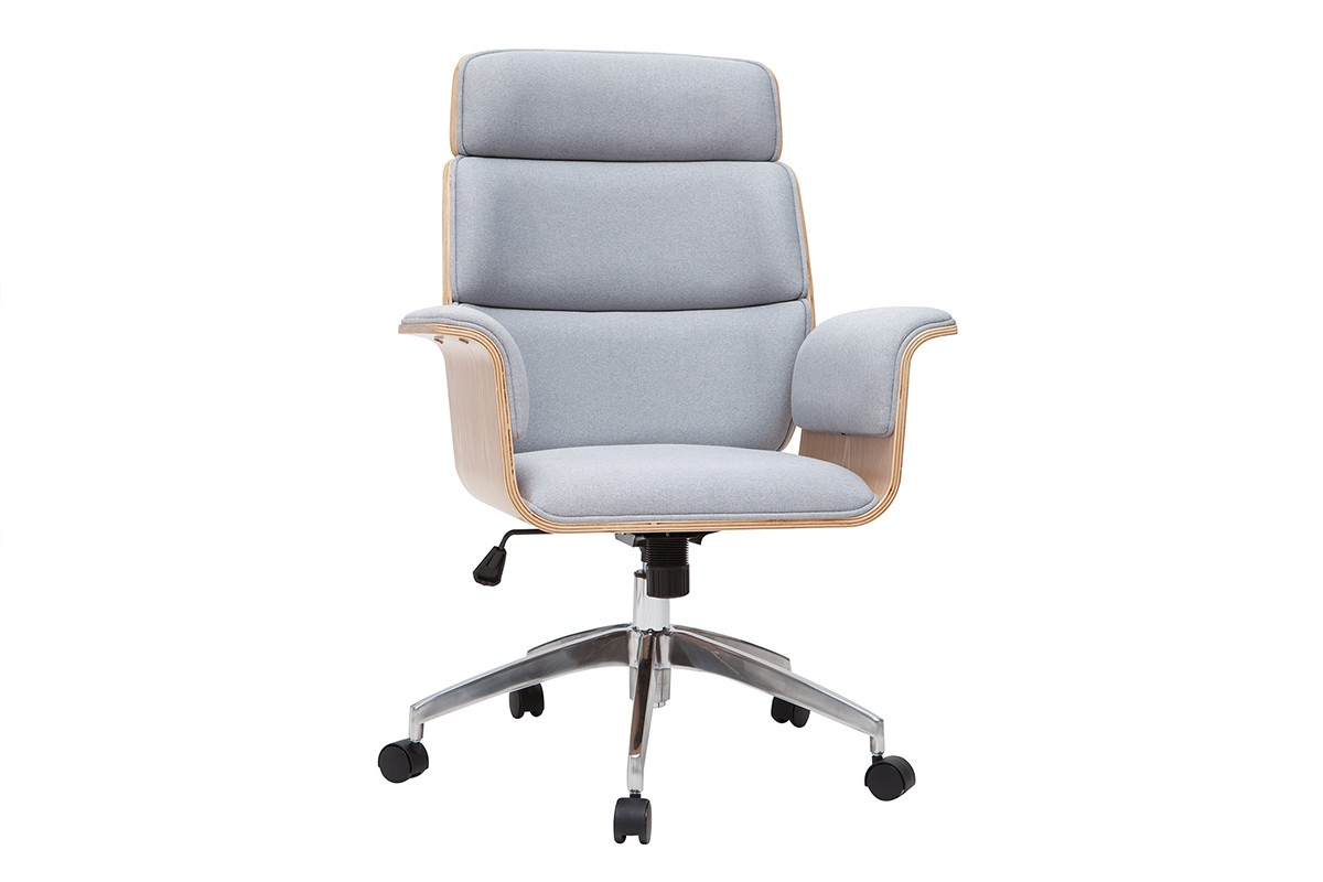 Fauteuil de bureau à roulettes design en tissu gris clair, bois clair et acier chromé ELON