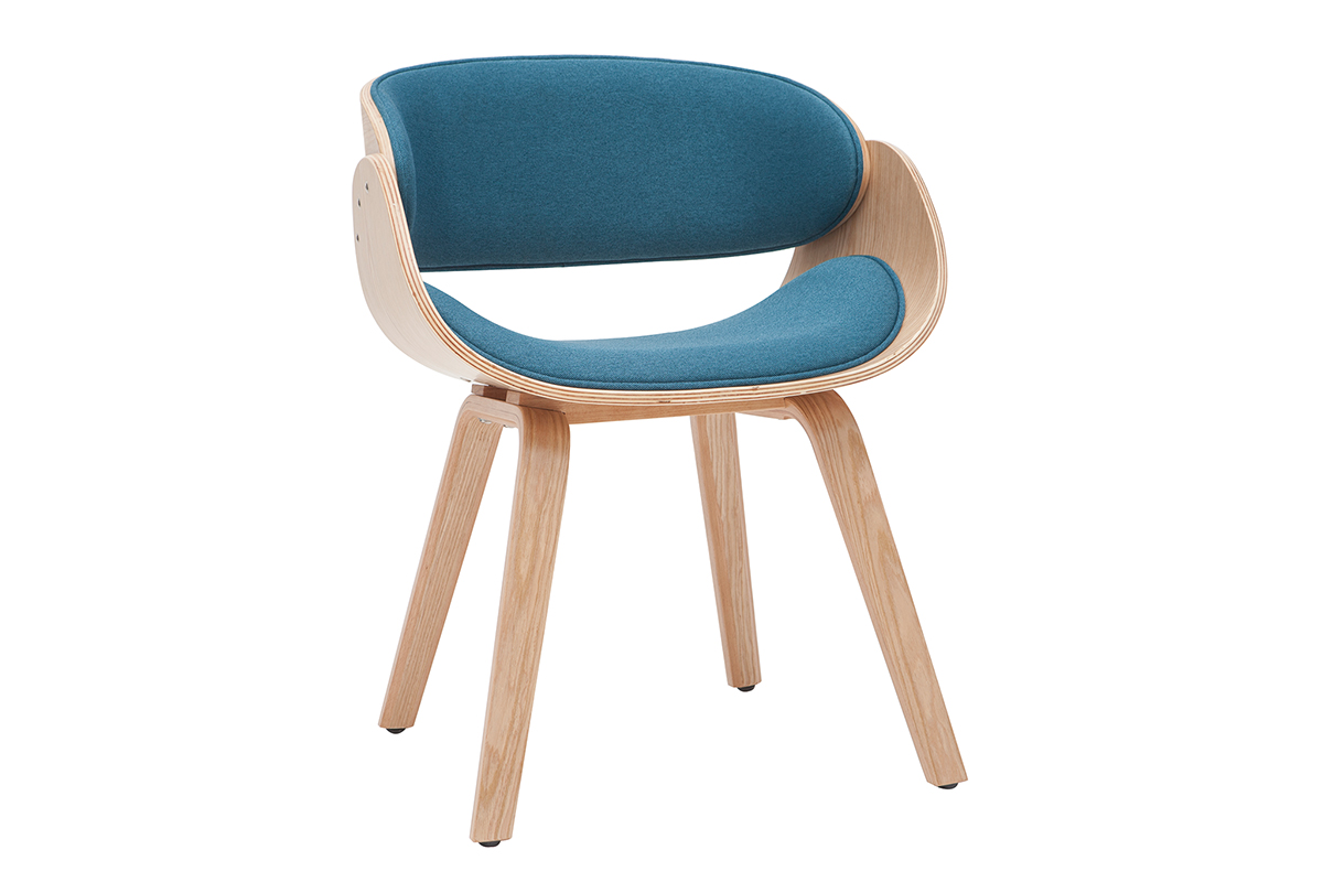 Sedia design tessuto blu anatra e legno chiaro BENT