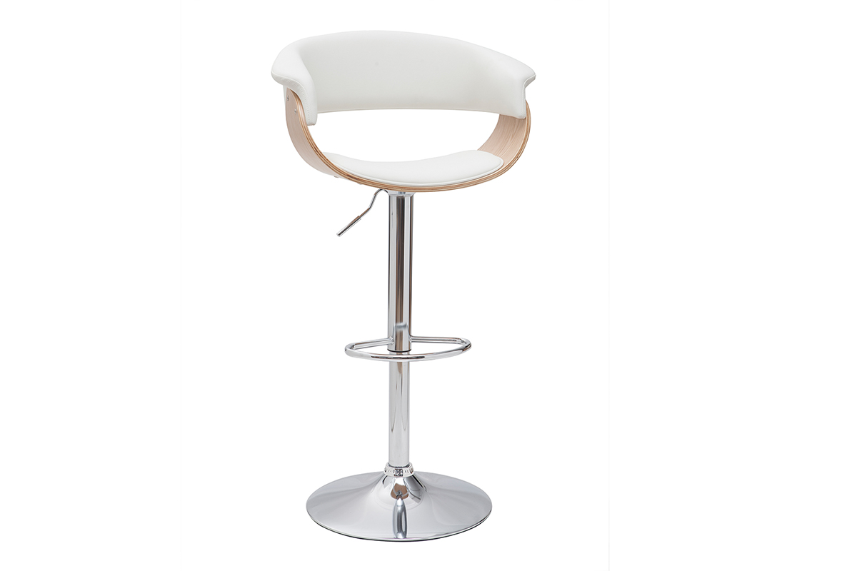 Tabouret de bar design réglable blanc et bois clair OKTAV