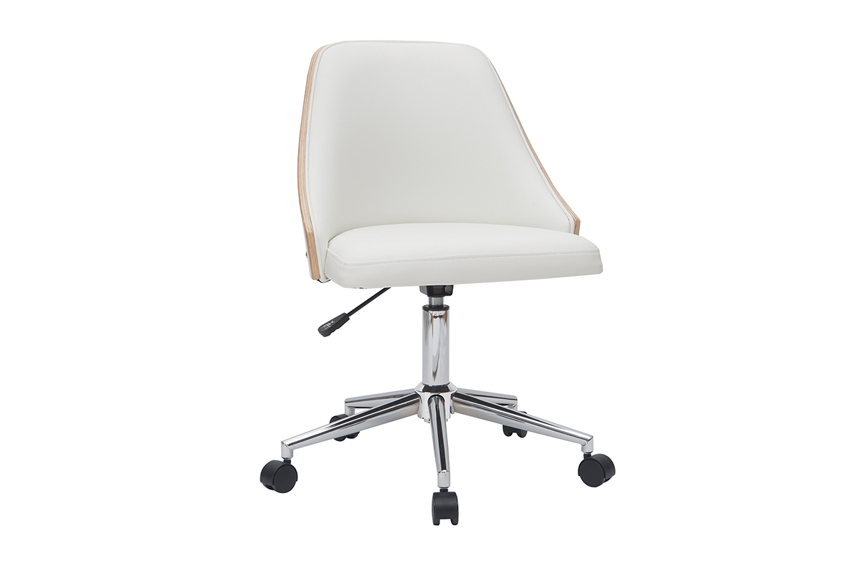 Chaise de bureau à roulettes design blanc, bois clair et acier chromé QUINO