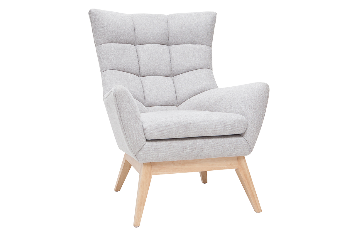 Fauteuil scandinave en tissu effet velours texturé gris clair et bois clair BRODY
