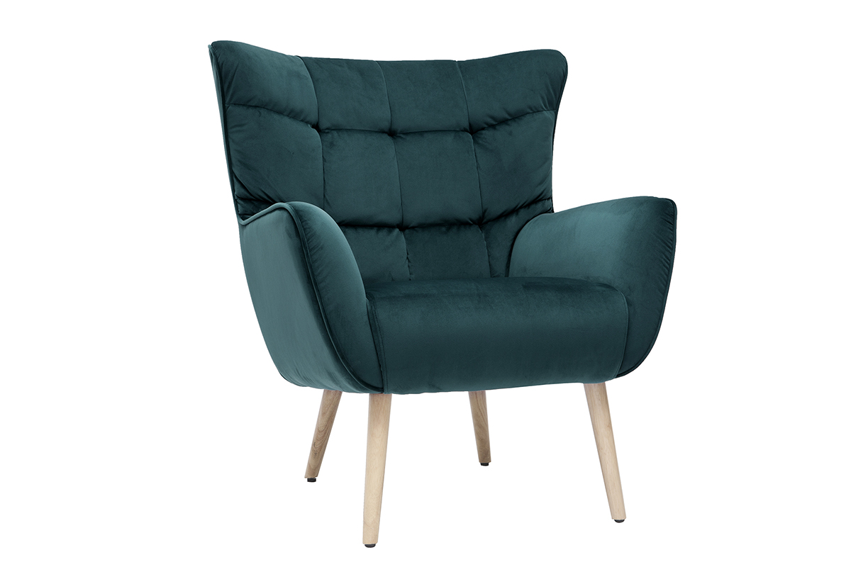 Fauteuil scandinave en tissu velours bleu pétrole et bois clair AVERY
