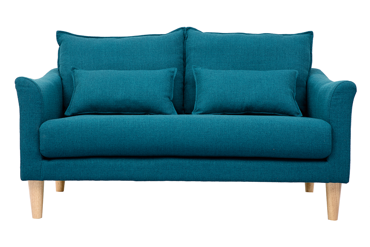 Canapé scandinave 2 places en tissu bleu canard et bois clair KATE