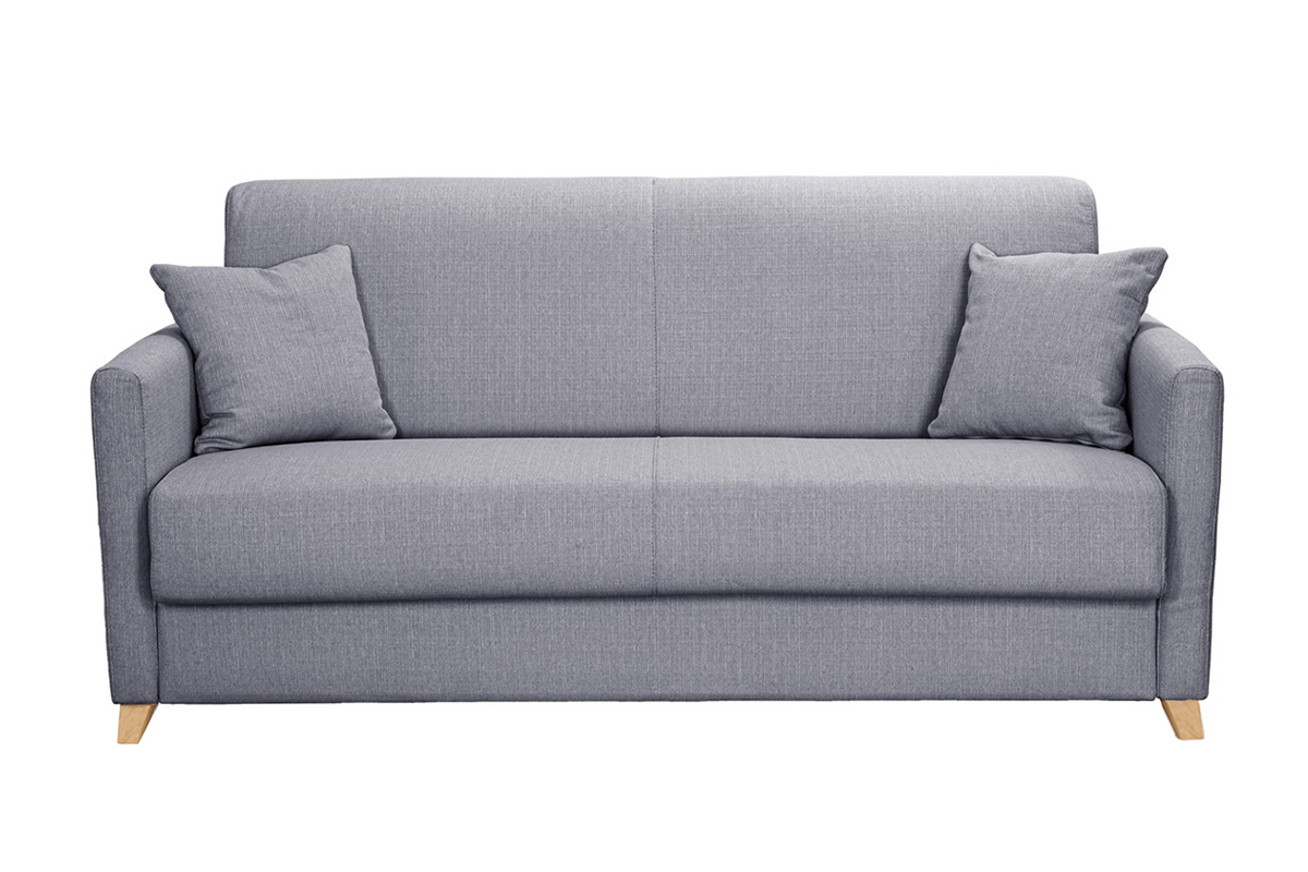 Canapé convertible 3 places en tissu gris clair et bois clair avec matelas 13 cm SKANDY