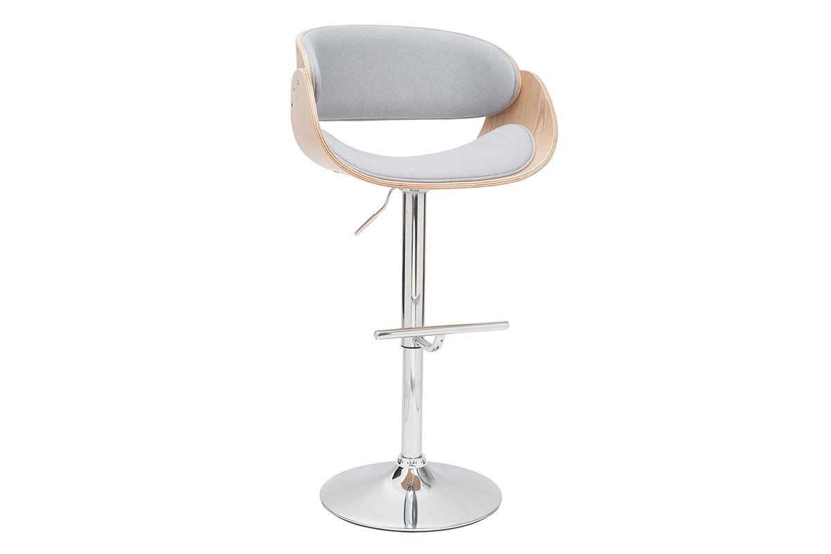 Tabouret de bar design réglable en tissu gris clair et bois clair BENT
