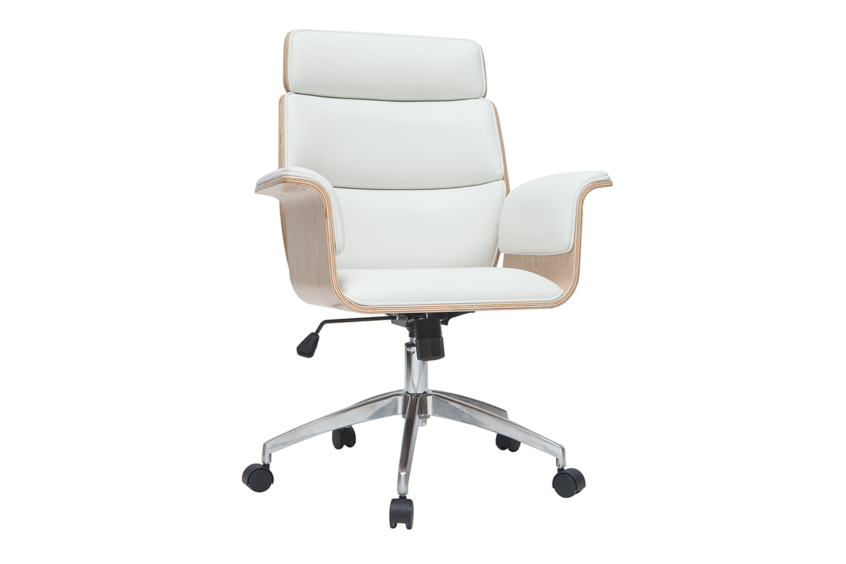 Fauteuil de bureau à roulettes design blanc, bois clair et acier chromé ELON