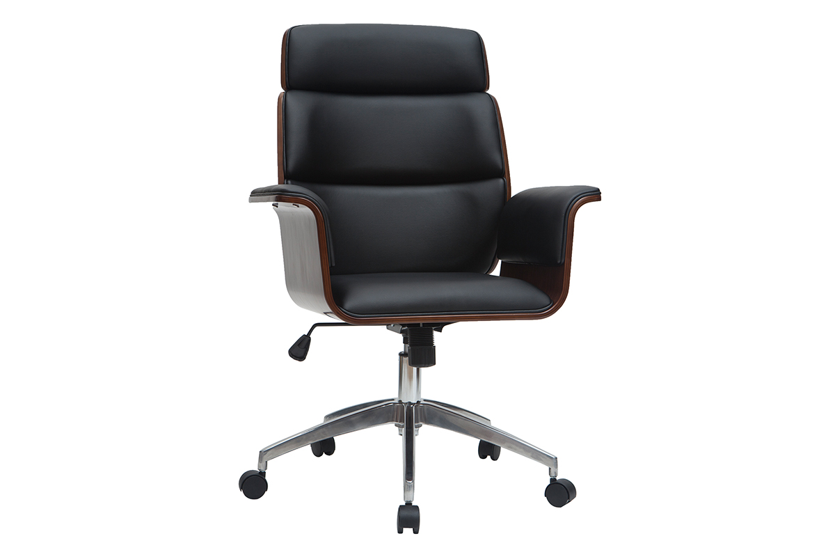 Fauteuil de bureau à roulettes design noir, bois foncé noyer et acier chromé ELON