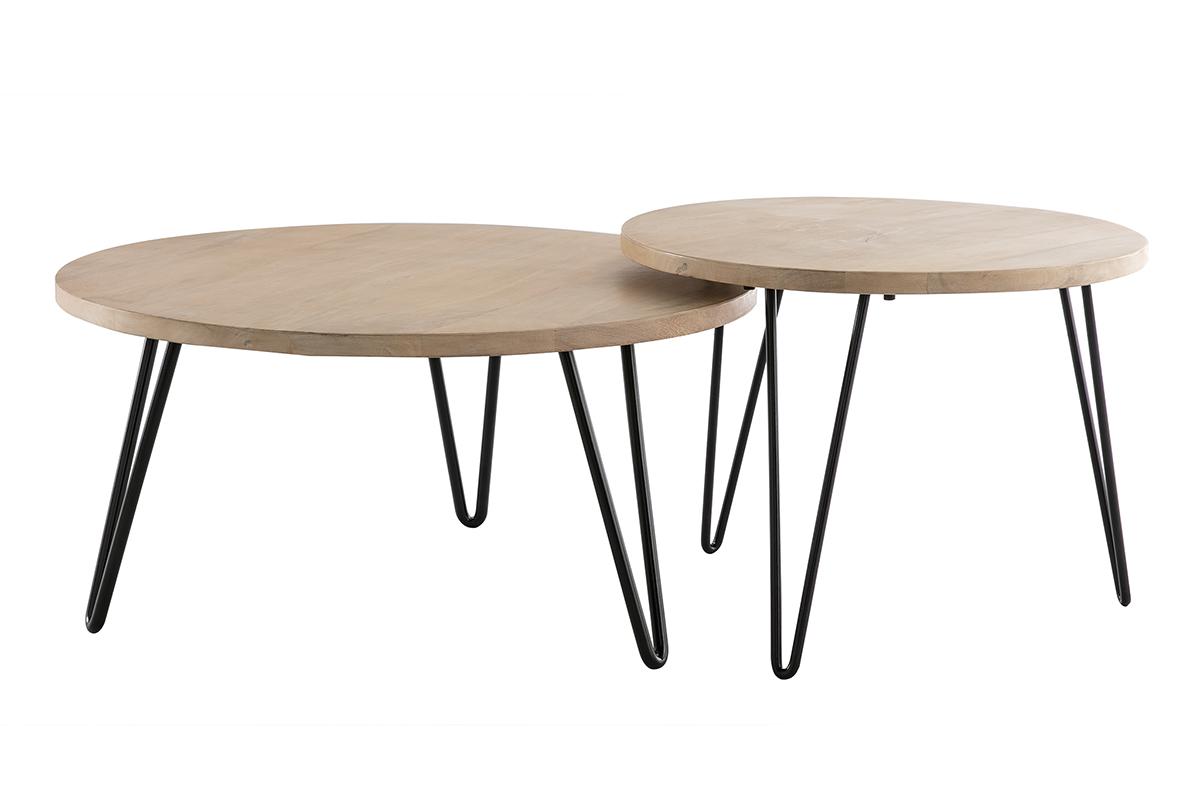 Tables basses gigognes rondes bois manguier massif et métal noir (lot de 2) VIBES