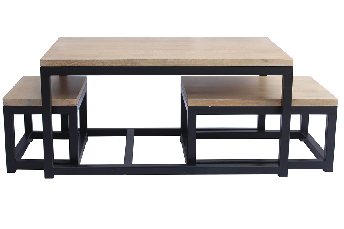 Tables basses gigognes bois manguier massif et métal noir (lot de 3) FACTORY