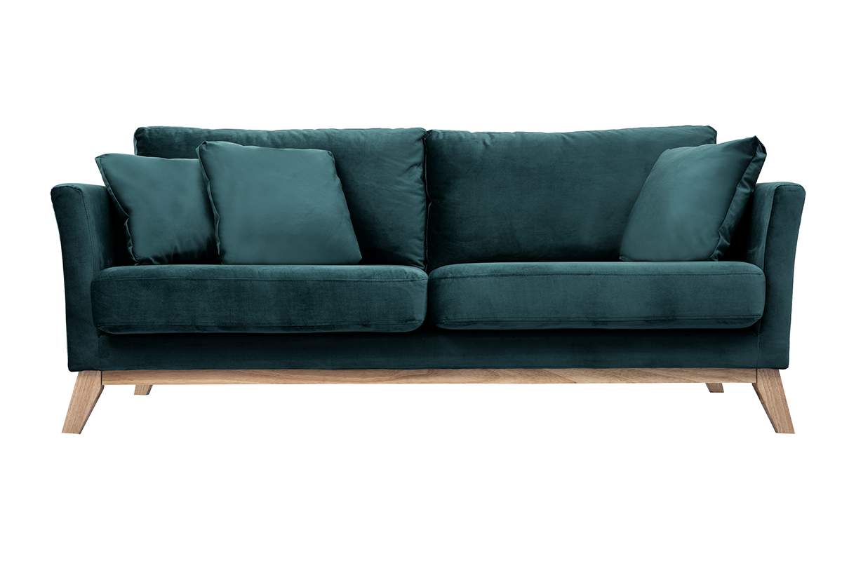 Canapé scandinave déhoussable 3 places en tissu velours bleu pétrole et bois clair OSLO