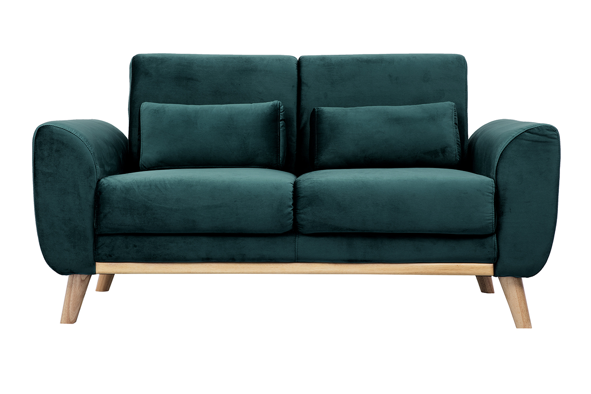 Canapé scandinave 2 places en tissu velours bleu pétrole et bois clair EKTOR