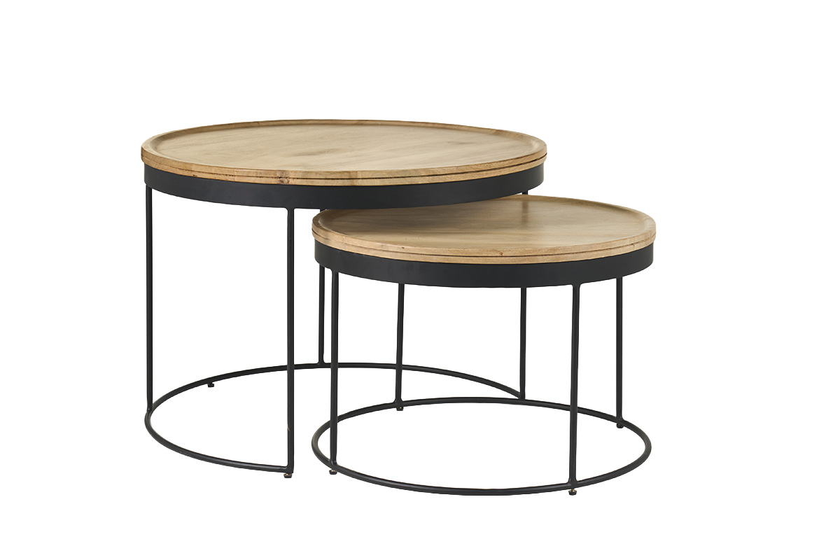 Tables basses gigognes rondes bois manguier massif et métal noir (lot de 2) LEDGE