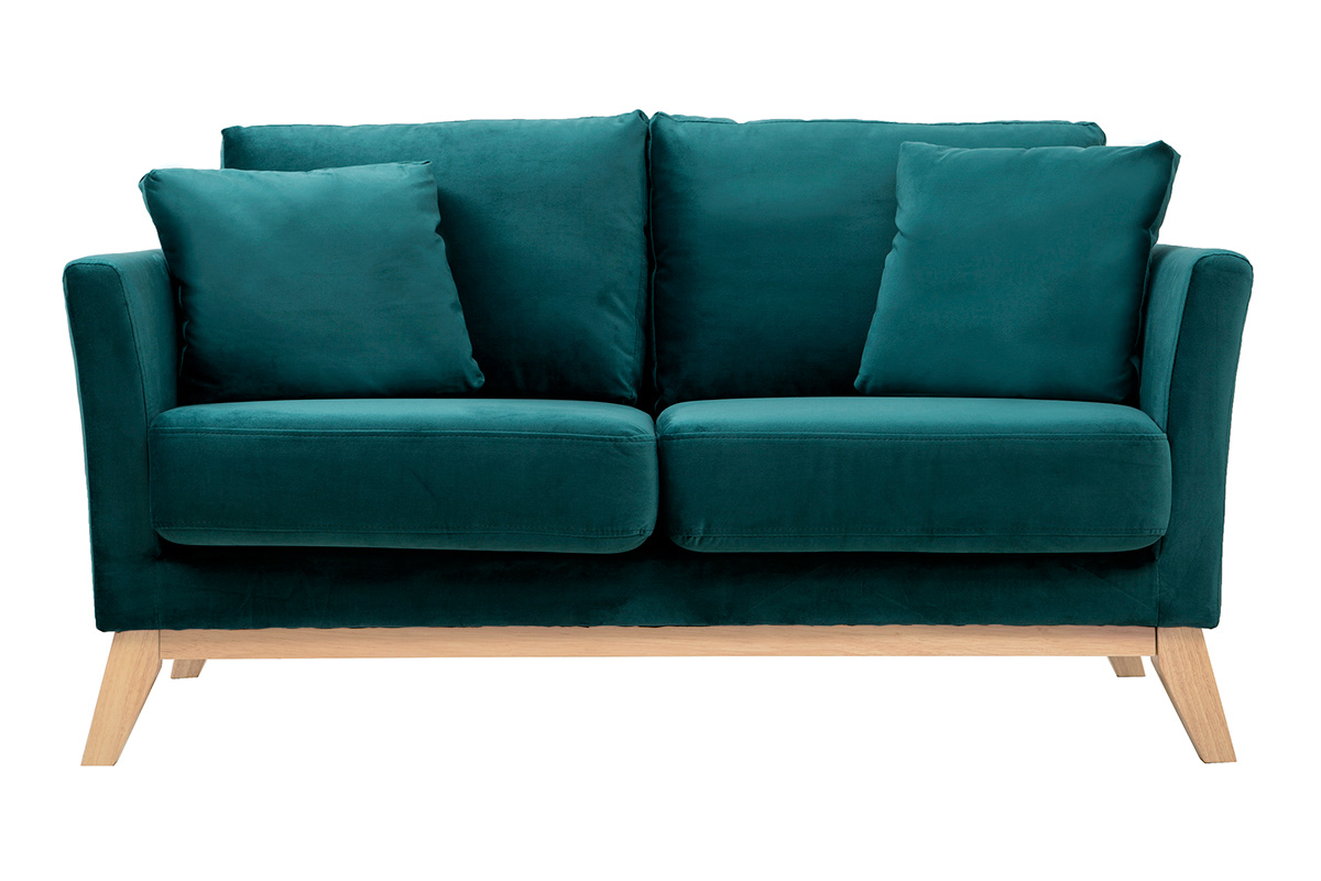 Canapé scandinave déhoussable 2 places en tissu velours bleu pétrole et bois clair OSLO