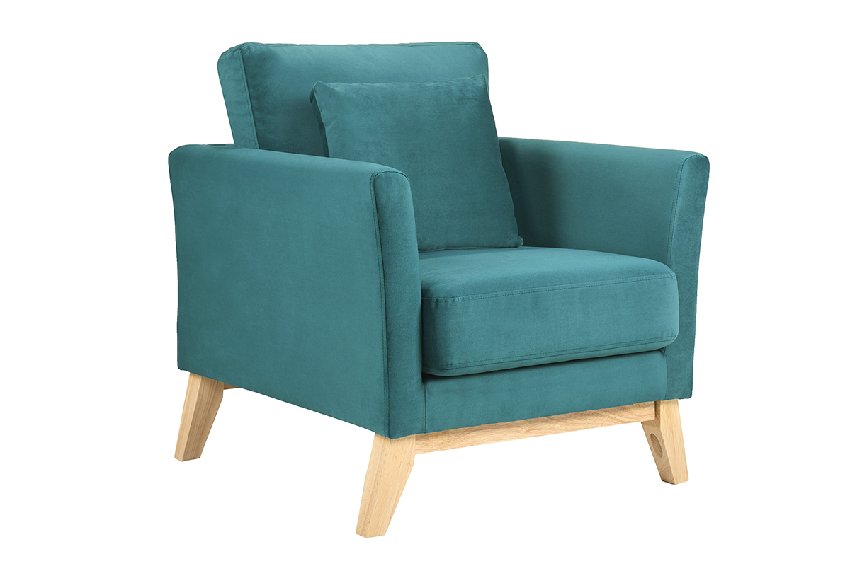 Poltrona scandinava velluto petrolio piedi in legno chiaro OSLO
