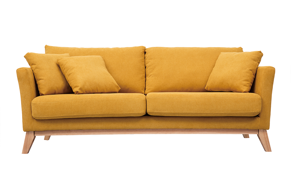 Canapé scandinave déhoussable 3 places en tissu effet velours jaune moutarde et bois clair OSLO