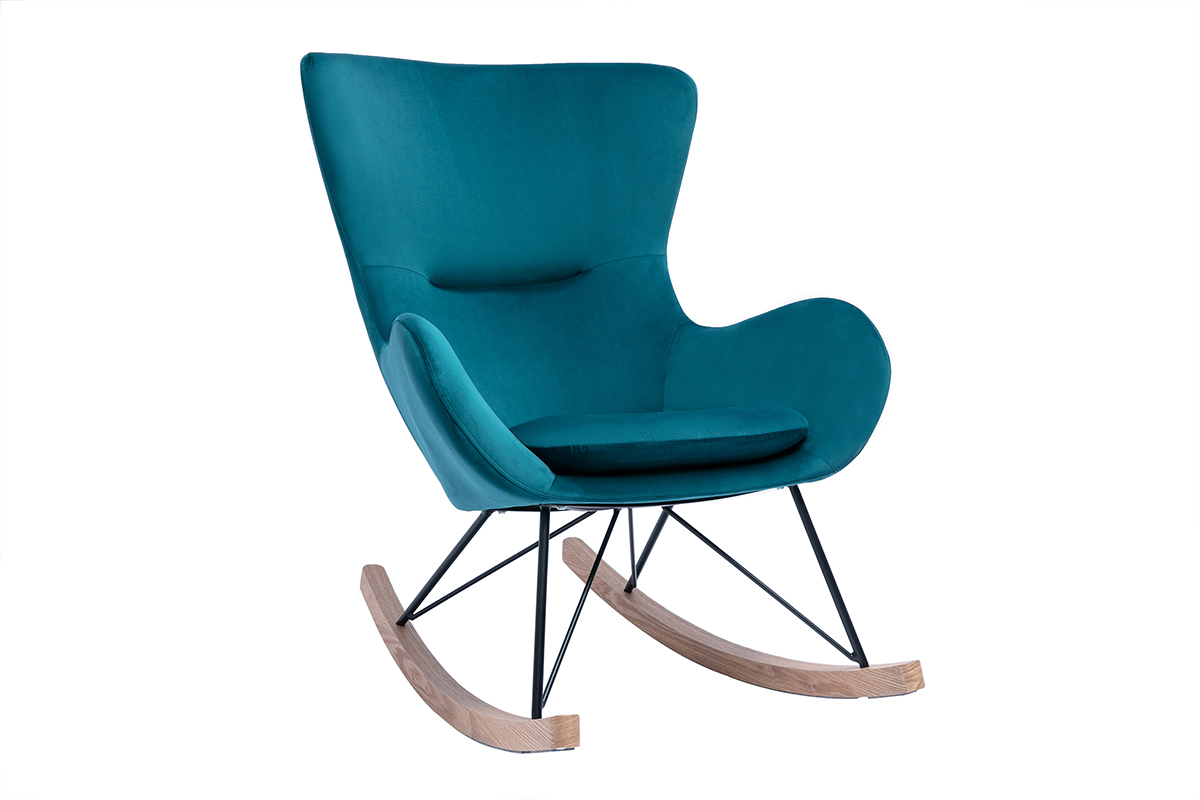 Rocking chair design en tissu velours bleu canard, métal noir et bois clair ESKUA