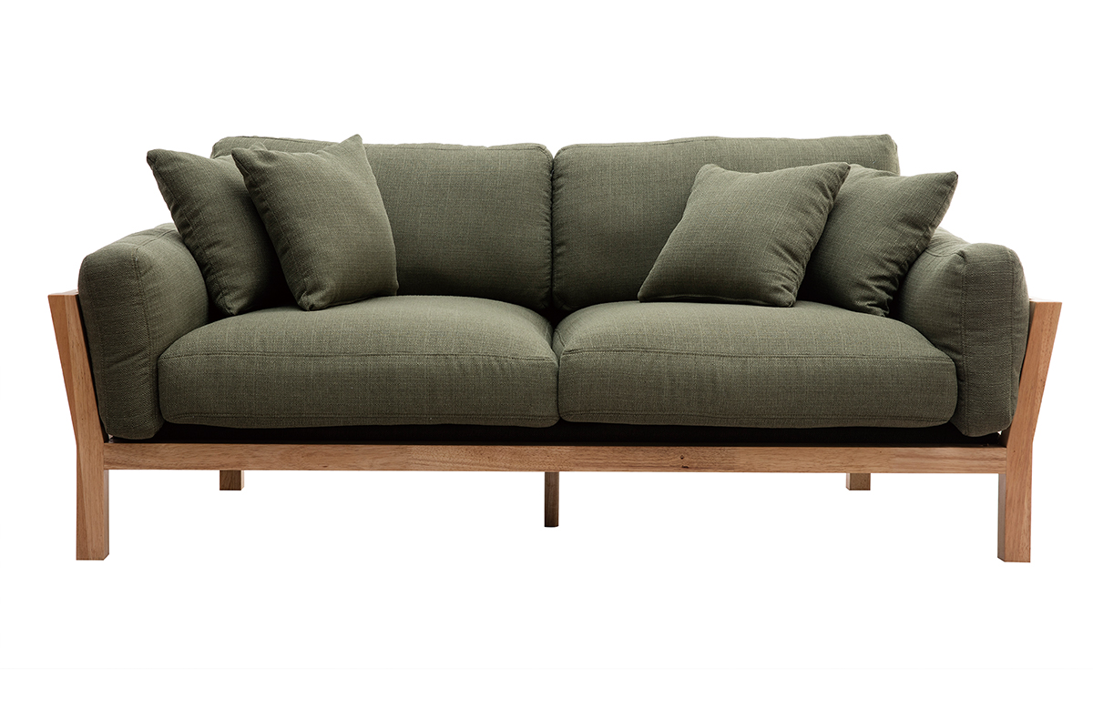 Canapé scandinave déhoussable 3 places en tissu vert kaki et bois clair KYO