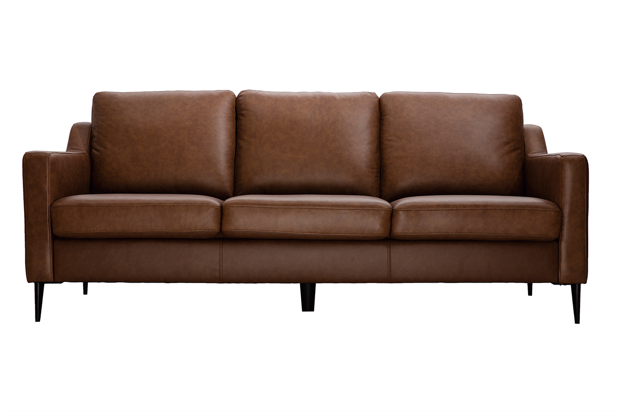 Canapé vintage 3 places cuir marron et bois noir OXMO