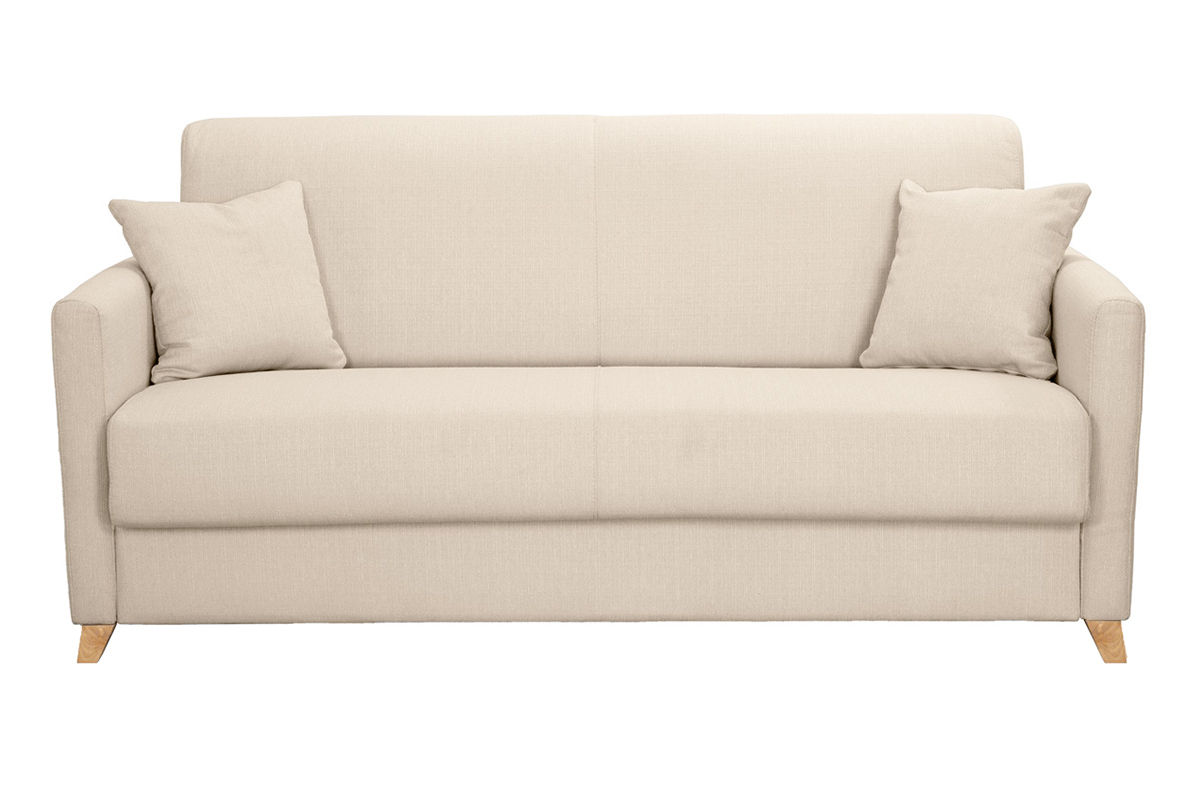 Canapé convertible 3 places en tissu beige et bois clair avec matelas 13 cm SKANDY