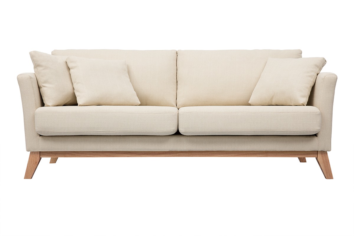 Canapé scandinave déhoussable 3 places en tissu beige et bois clair OSLO