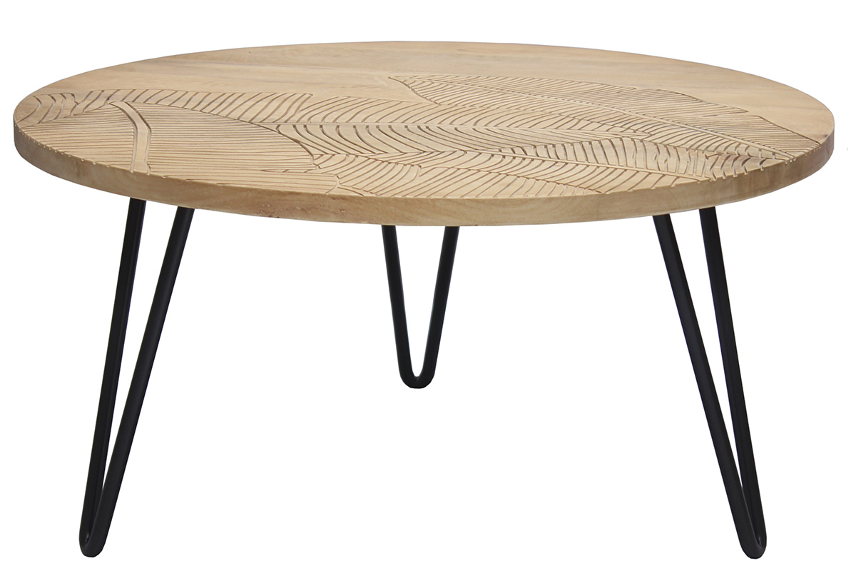 Table basse ronde gravée bois manguier massif et métal noir D80 cm VIBES