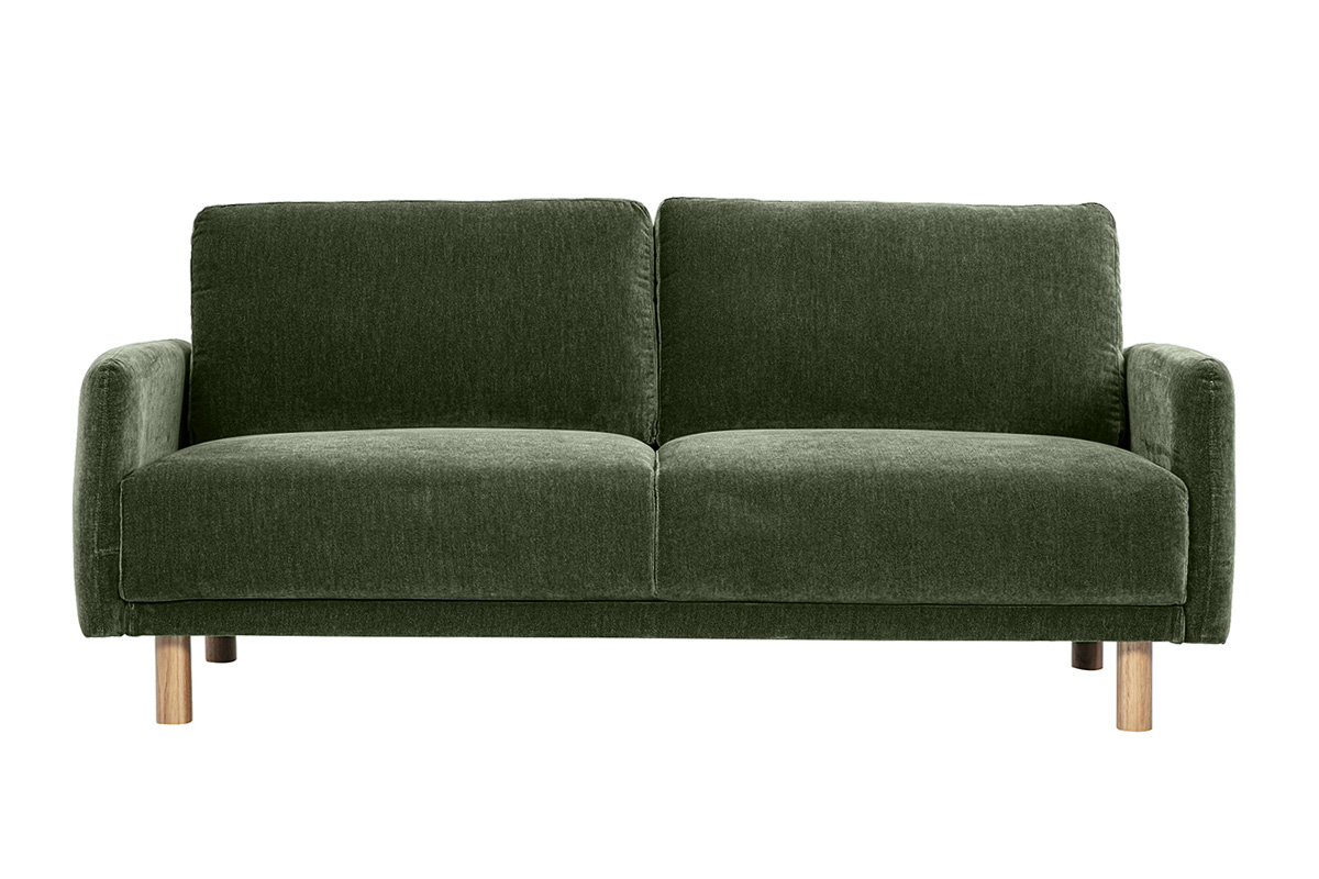 Canapé design 3 places en tissu effet velours vert kaki et bois clair BONO