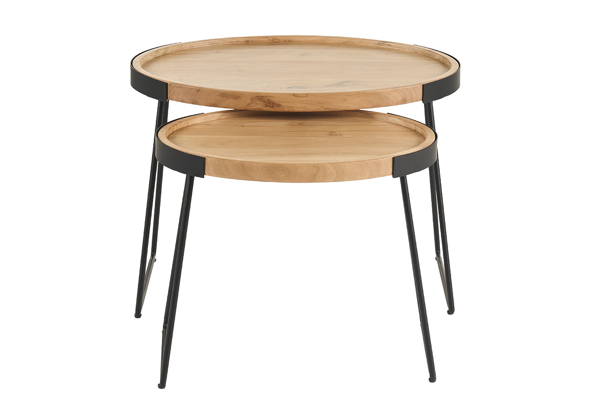 Tables basses gigognes bois massif et métal noir (lot de 2) ELAVO
