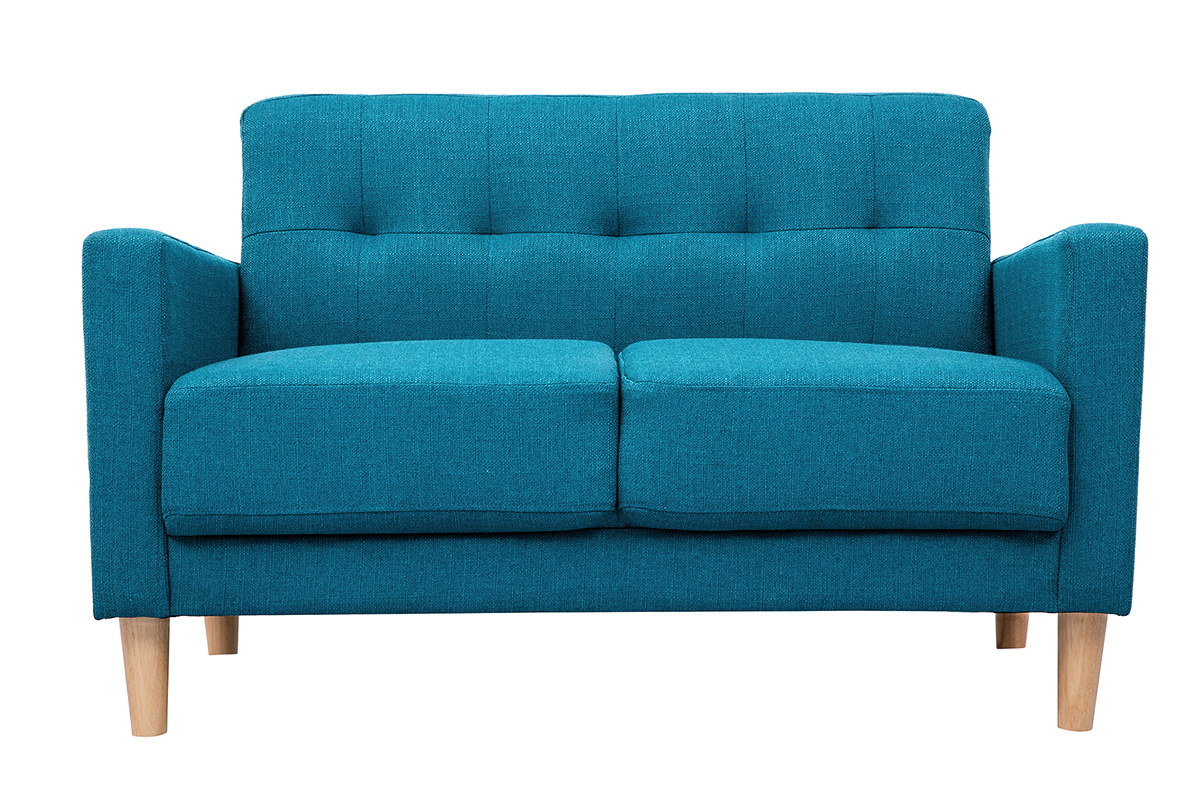 Canapé scandinave 2 places en tissu bleu canard et bois clair MOON