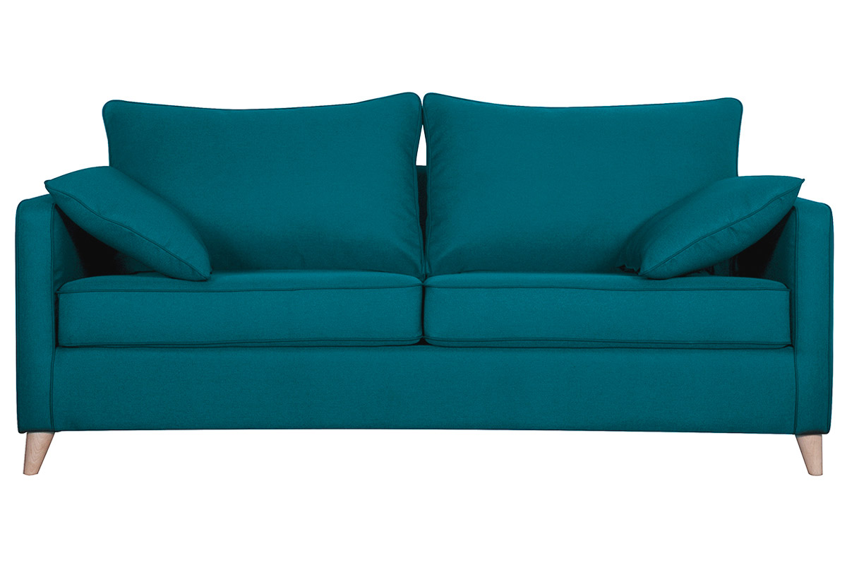 Canapé convertible scandinave 3 places en tissu bleu canard et bois clair avec matelas 10 cm PAPEL