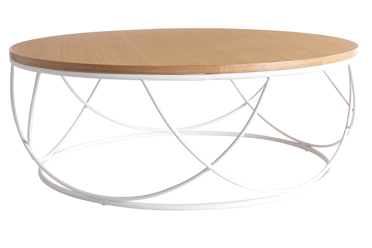 Table basse ronde bois clair chêne et métal blanc D80 cm LACE