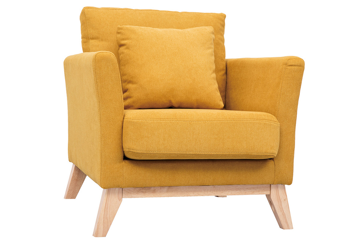Fauteuil scandinave déhoussable en tissu effet velours jaune moutarde et bois clair OSLO