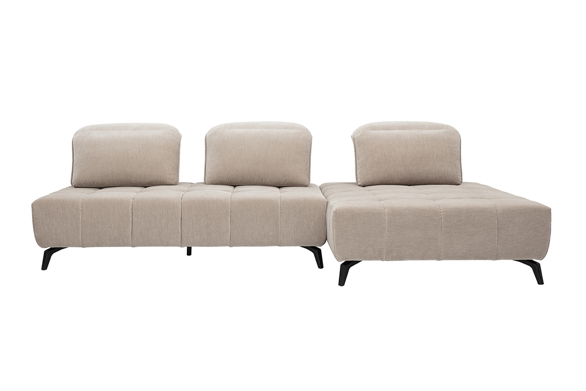 Canapé modulable 4 places avec têtières ajustables en tissu effet velours taupe et métal noir OLMO