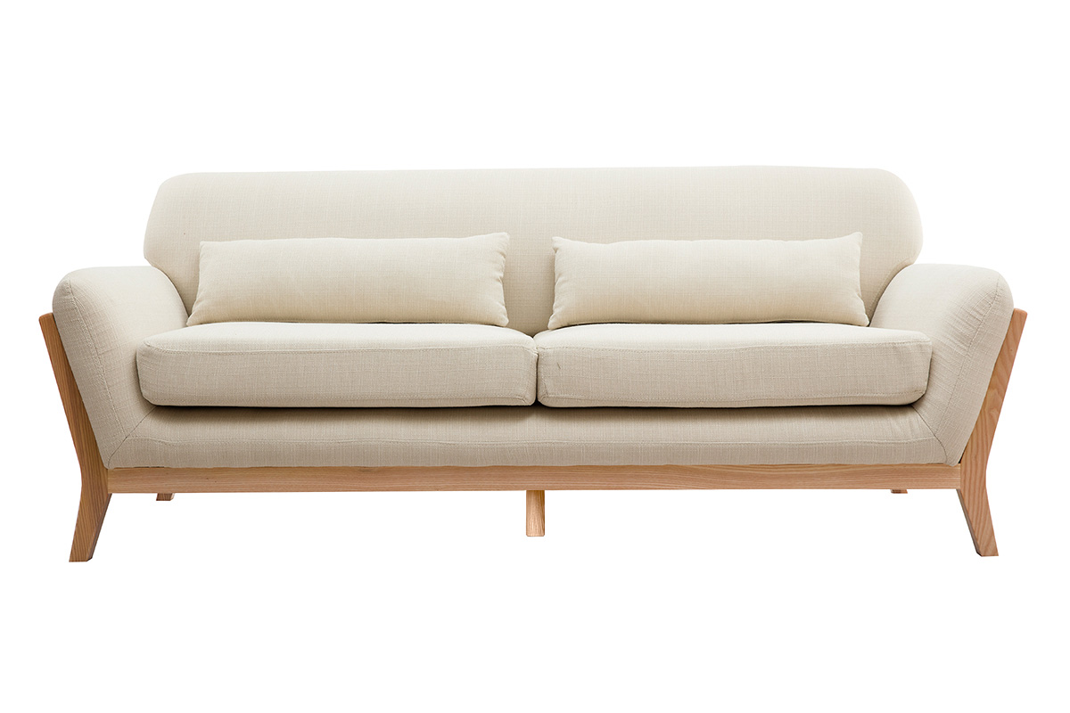 Canapé scandinave 3 places en tissu beige et bois clair YOKO