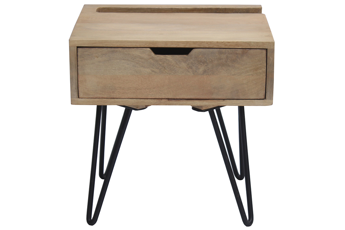 Table de chevet industrielle bois manguier massif et métal noir VIBES